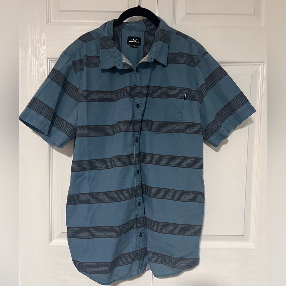 Men's O'Neill Blue/Black Striped Button Down Short Sleeved Shirt